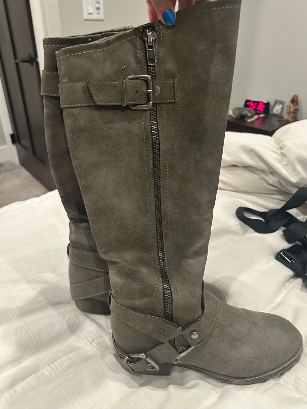 Women's Tall Suede-Look Buckle Riding Boots in Gray